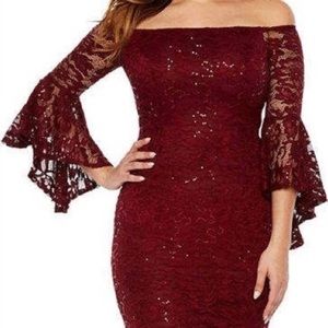 Premier Amour- garnet lace , off the shoulder sequin dress